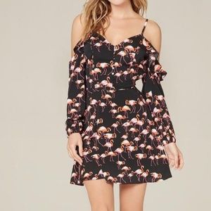 BEBE Print Ruffle Cold Shoulder Dress